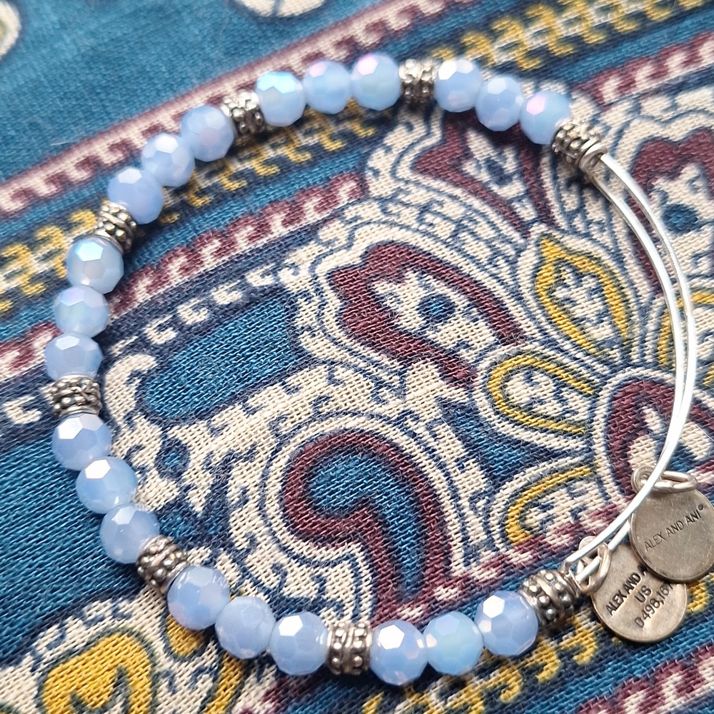 Alex And Ani Rafaelian Silver Ornate And Crystal Sky Blue Beaded Bangle Braclet